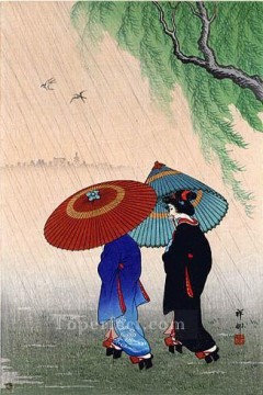 小原古邨 Painting - 雨の中の二人の美女 1935年 大原古邨新版画